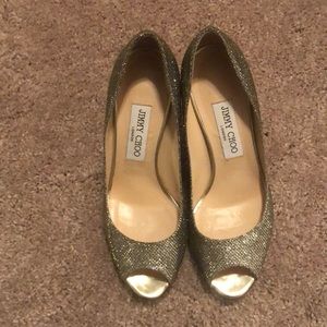 Jimmy Choo Evelyn Peep-Toe Glitter Pumps.